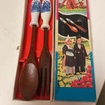 Set of vintage salad server wood spoon/fork with ceramic handle