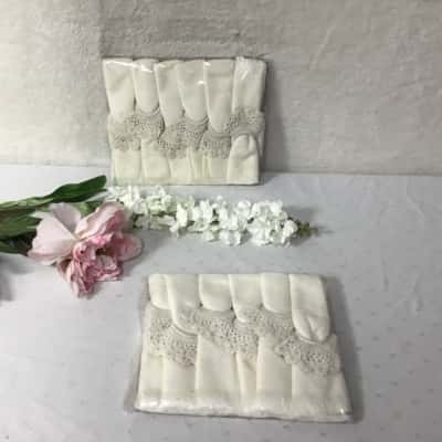 Set of 6 Cream Material Napkins with Crocheted Napkin Rings (x 2)