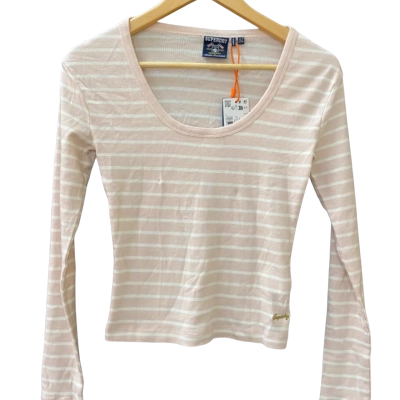 Superdry Athletic Essentials Striped LS Top Rose Blush Pink Stripe Size 10 BNWT