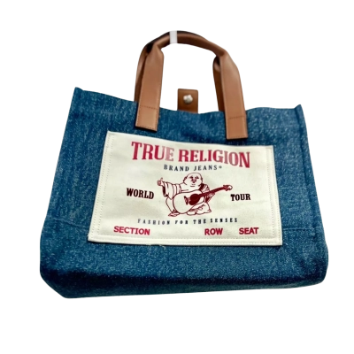 True Religion Denim Tote w/Beige Wide Strap 