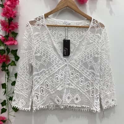 W.Lane Womens Geometric Lace Jacket Size 10 White 