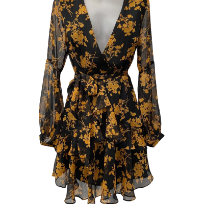 Saints + Secrets Chiffon Floral Ruffle Mini Dress in Dark Brown / Black and Burnt Orange 