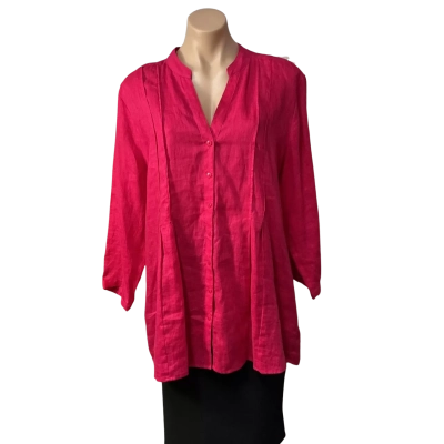 Womens approx Size L Bright Pink  / Pin-tuck Detail Linen 3/4 Sleeve Button up Top