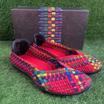Bernie Mev Catwalk Red Multi Woven Flat Shoes Size 40