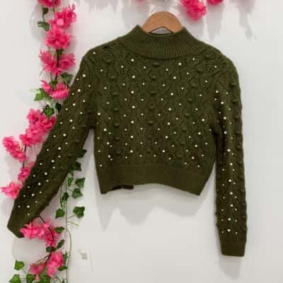 Zara Womens Long Sleeve Open Back Knit Top Size L Olive 