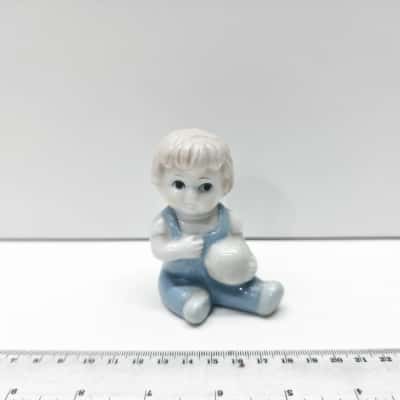 Vintage Miniature Porcelain Baby Boy Figurine Blue Overalls Ball 7cm