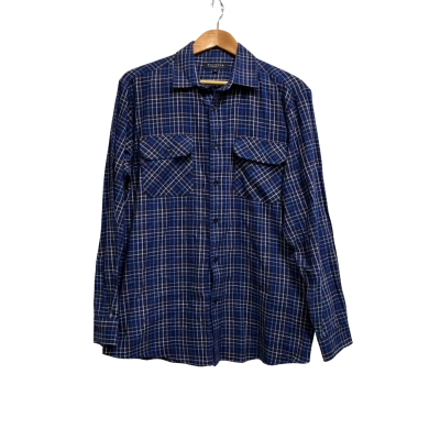 Elliotts, Mens, Size M, navy blue button-up, long-sleeved shirt with plaid pattern