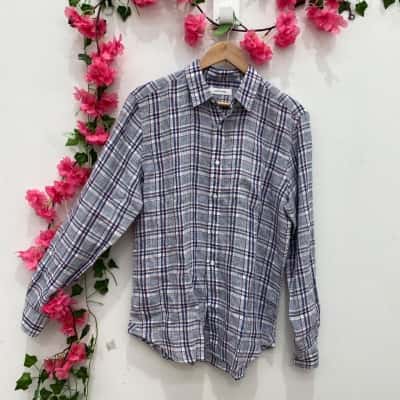 David Jones Mens Checked Linen Shirt Size M Blue / Red / White 