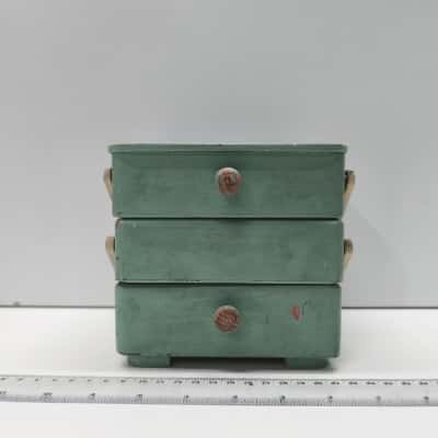 Vintage 1940s Green Painted Wooden Cantilever Sewing Box 3 Tier Storage 1947