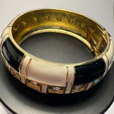  Vintage Heavy White Navy Enamel & Sparkling Clear Glass Wide Hinge Bracelet