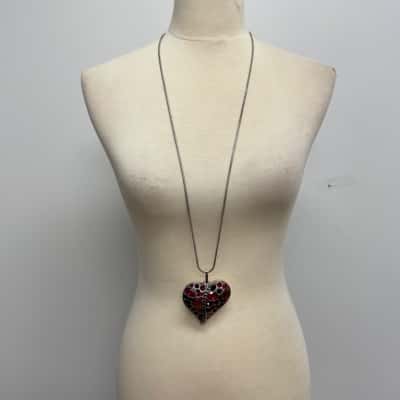 Classy & Elegant /Statement /Large Red Crystal & Gemstone /Heart Shape Pendant on a Silver Tone Snake Style Necklace