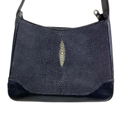 Rivers Womens a black genuine stingray and leather shoulder bag with an inlay and adjustable strap
