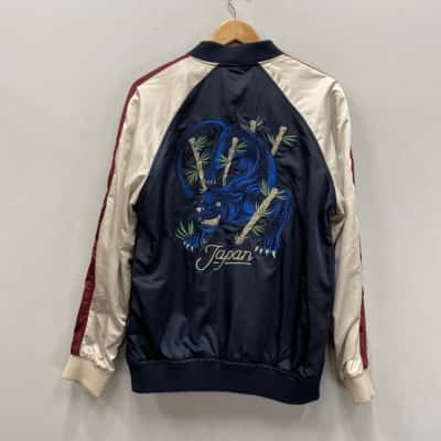  Mens Large Dragon /Japanese Embroidered *(Bavk is shown ) Size M Bomber Blue / Cream / Maroon 