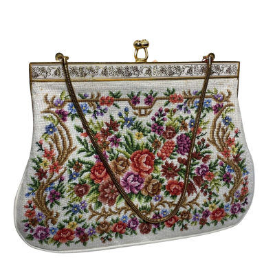  Womens Vintage Needlepoint Evening Bag Clutch Floral Purse White