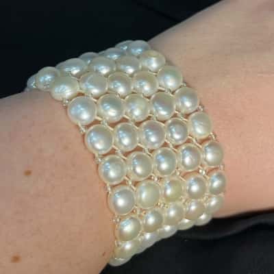 Vintage Flat Button Fresh Water Pearl & Clear Bead Woven Stretch Bracelet 