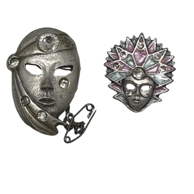 Pewter Mask Womens Brooch x2