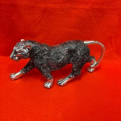 Decorative Silver Colour Figurine of a Tiger featuring intricate Embossed Pattern 