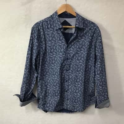 Tarocash Mens Size L Navy Blue / White Paisley Print Long Sleeve Shirt 