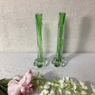 Pair of Vintage Green / Clear Glass Elephant Foot Tall Bud Vases with Twisted Stem