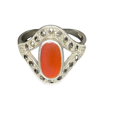 Womens Ring Marcasite/Orange Enamel/Sterling Silver 925
