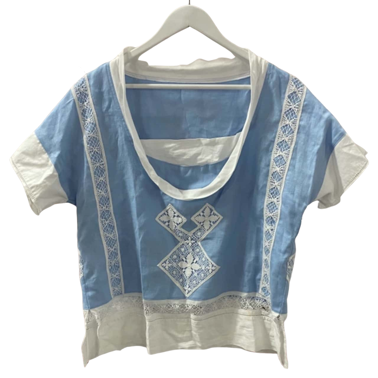 Handmade Linen Size L Short Sleeve Blue Top(s)