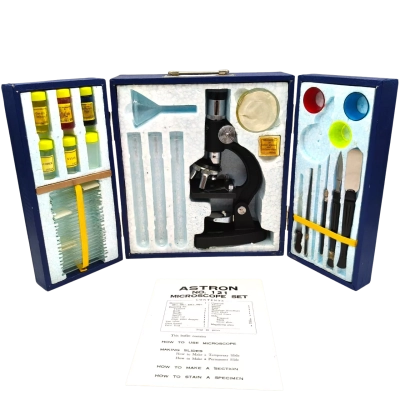 Vintage Astron Micro-Lab Kit No. 121 Microscope Set - 65 Piece Set (mini magnifier missing)  (brica cubes)