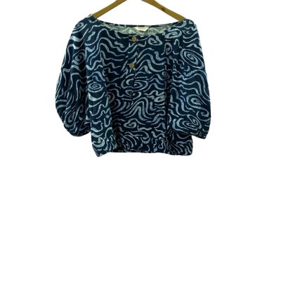 Gorman Women's Blue and White Patterned Cotton-Linen Top Size 12
