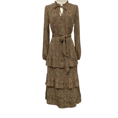 Tokito Womens Long Sleeve Leopard Print Ruffle Midi Dress -  Size 6 Black  / Brown 