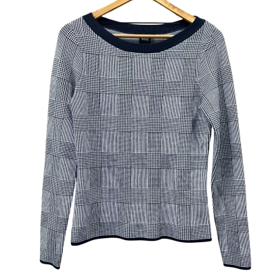 Hugo Boss Navy Blue Checkered Knit Long Sleeve Top Size L