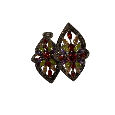 Silver 925 Art Deco Pendant + Ring Set w/ Coloured Stones + Marcasite Accents