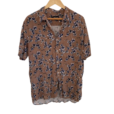 Barney Cools Mens  Size L Short Sleeve Shirt Brown / Floral 