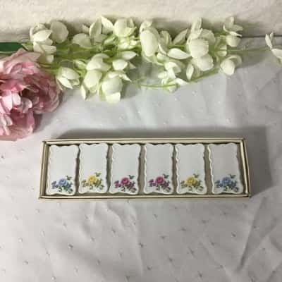 Set of 6 Vintage Japan Porcelain Roses Pattern Place Card Holders (boxed)