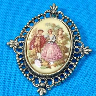 Vintage Porcelain Cameo Courting Scene Signed Brooch 