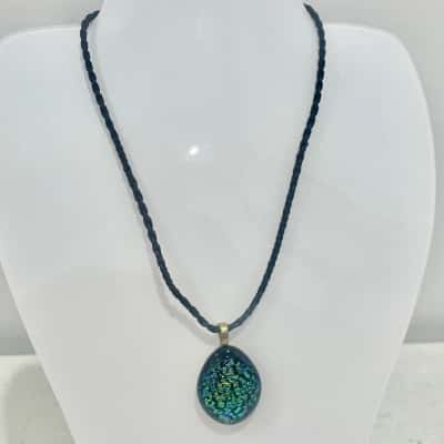 Black Leather Necklace & Diochroic Pendant- Aqua Green design 