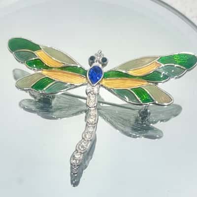 Dragonfly green/gold/blue Gemstone Brooch 