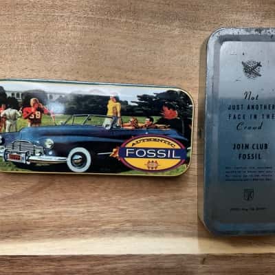 Vintage 1991 Fossil Watch Tin - Retro Convertible and Football Theme (B26)