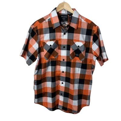 Harley Davidson Mens Size M Black / Orange / White / Grey Checked Short Sleeve Shirt (new)