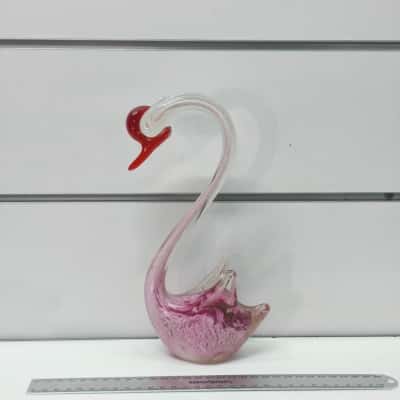 Vintage Murano Style Art Glass Swan Figurine – Pink Mottled & Red Glass