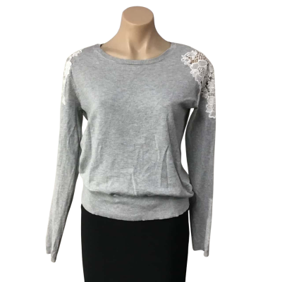 Portmans Womens Size M Pale Grey / White Embroidered Inserts Long Sleeve Crew Neck Jumper