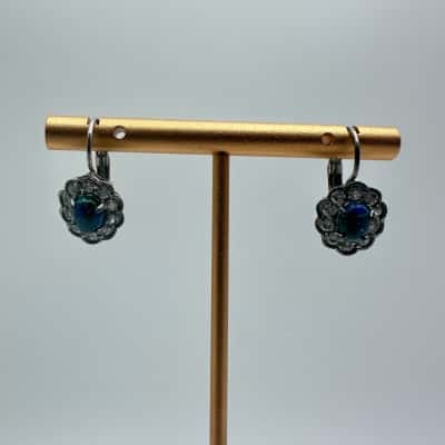Clear Stone Flower Cluster With Blue & Green Stone Earrings