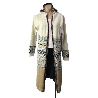 HQ Womens approx Size S / M Cream / Beige / Multicoloured Knitted Pattern Hooded Long Open Cardigan 