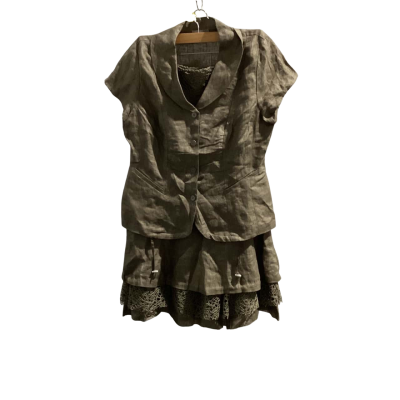 2 Piece Mix It Womens  Size 14 Olive Linen Short Sleeve Jacket & Skirt With Lace Panels