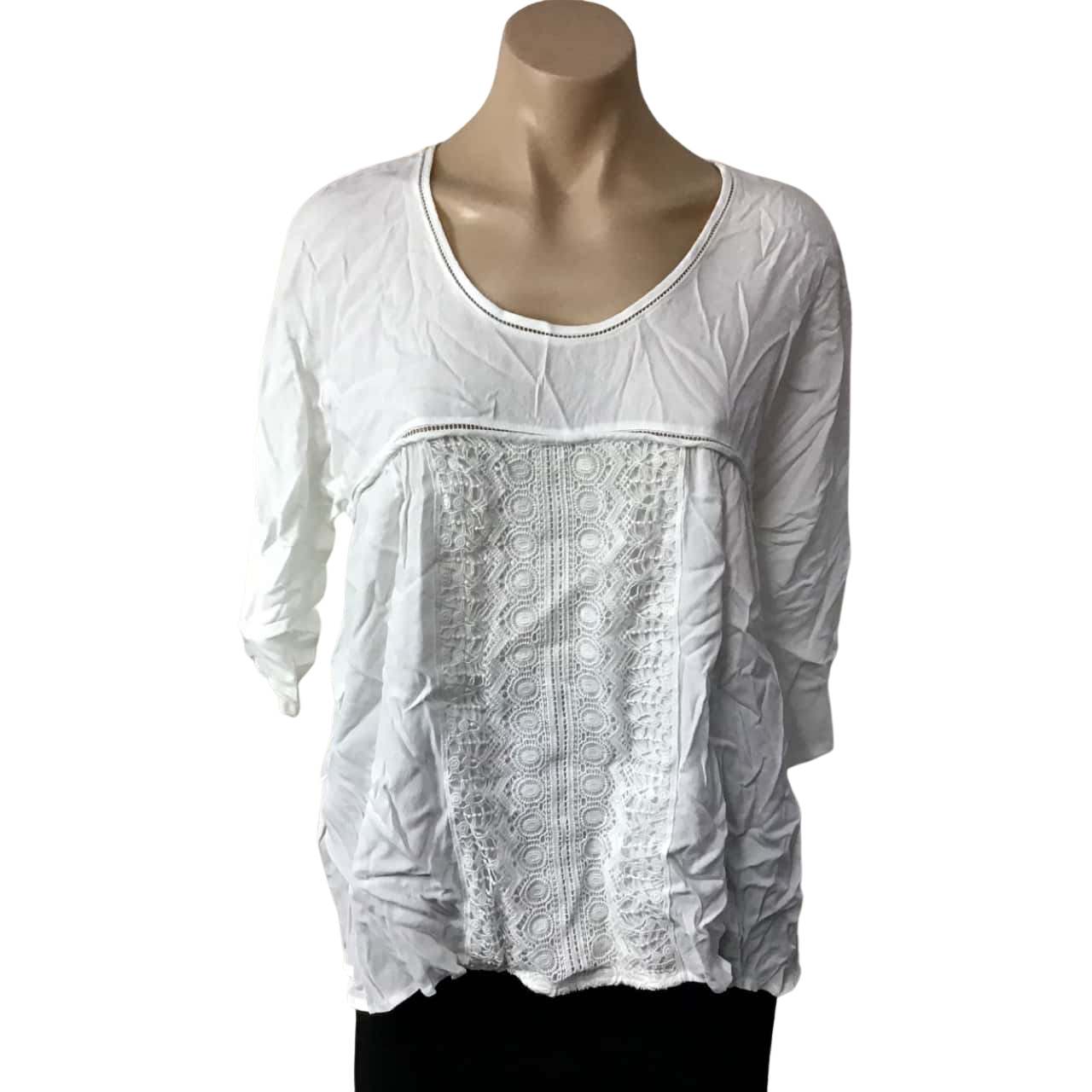 Women's Ribbed Off White Long Sleeve Top with Lace Trim Details