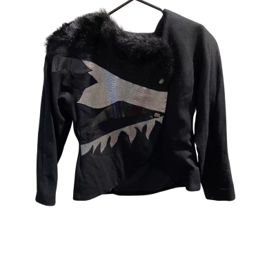 Gorgeous Pierre Cardin Womens 2 Piece Suit Size 14 Black  / Silver With Faux Fur Collar Jacket & Pencil Skirt