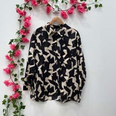 17sundays Womens Cotton Voile Long Sleeve Shirt Size 18 Beige / Black  / Pattern 