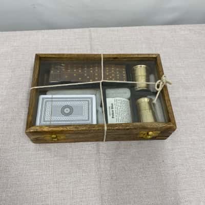 Game set Dominoes Dice w/ Brass Shaker cups Playing Cards 8” Wooden Case New