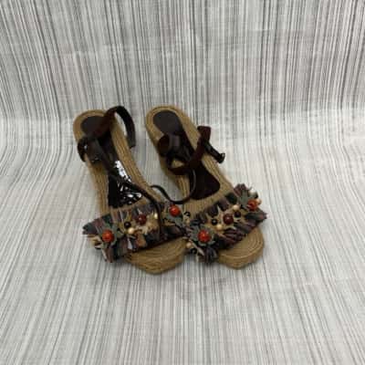 Super Cute Made in Brazil /Raffia with Beaded Front Detail/Espadrille Style /Wedge Sandals Size 38 