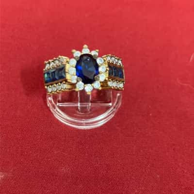  Women's Vintage 925 Silver Ring with Blue Stone Centre and Accent Stones