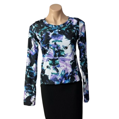 Fabletics Womens Size M Black / Purple / Teal / White Pattern Long Sleeve Rashguard Top (new)