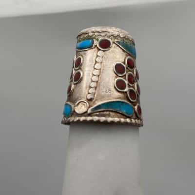 Antique Vintage Sterling Silver with Applied Enamel Decorations Sewing Thimble 